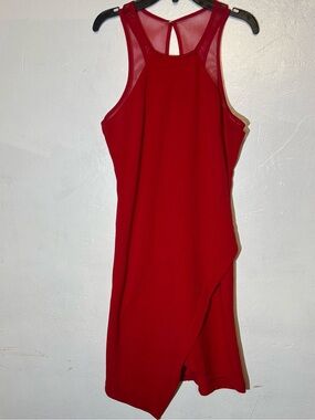 As U Wish Red Asymmetrical Sleeveless Dress with Mesh Yoke